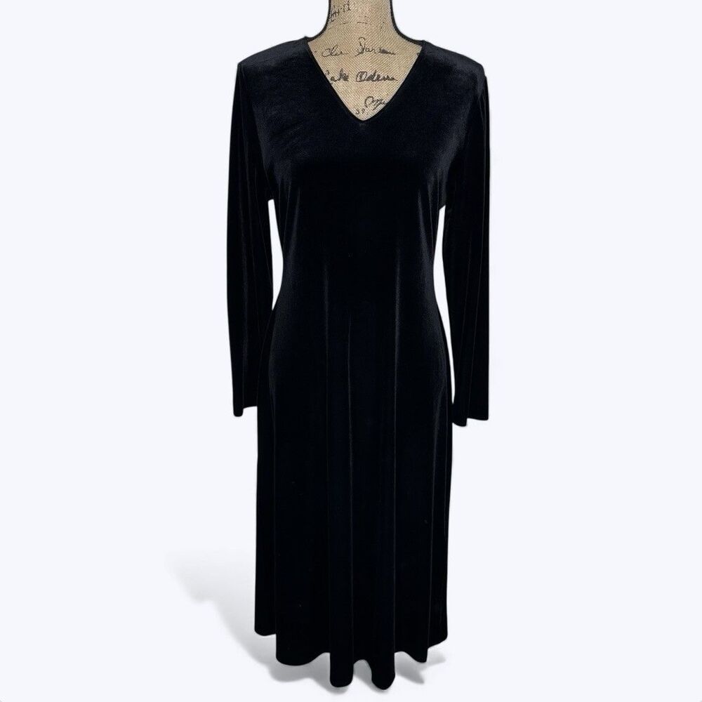Worthington Black Velvet Midi Dress Sz 12 Petite Long Sleeve Event Holiday Party